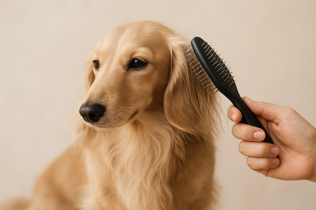 Chien en train de se faire brosser - conseils toilettage
